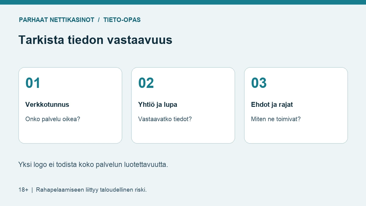 Turvallisuustarkistus kattaa verkkotunnuksen, yhtiön, lisenssin, ehdot ja rajatyökalut.